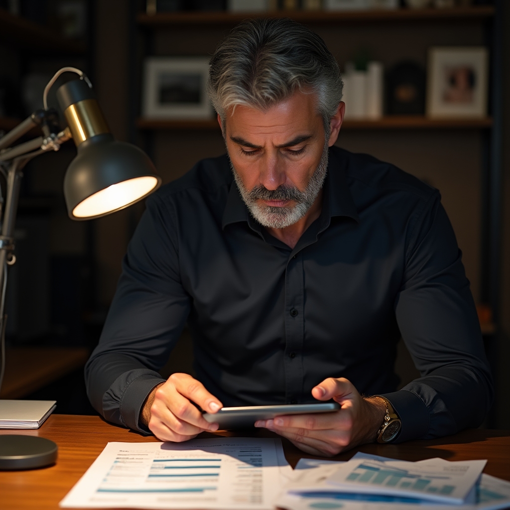 Imprenditore che analizza documenti finanziari per un mutuo commerciale